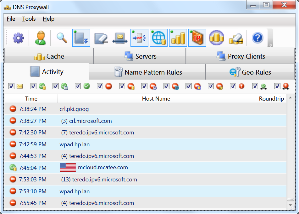 DNS activity monitoring log with status filters