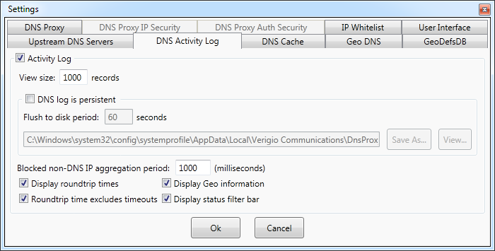 Settings for DNS log