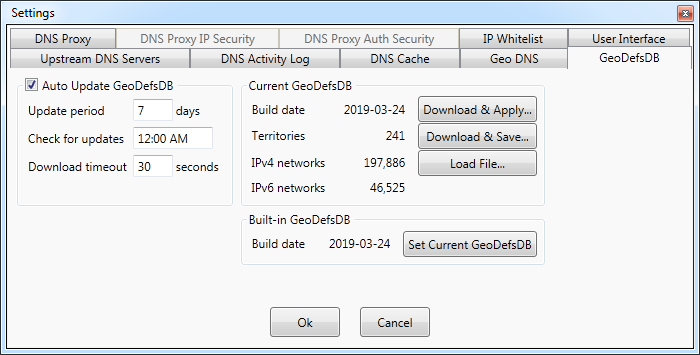 Settings for geographical definitions geo IP database