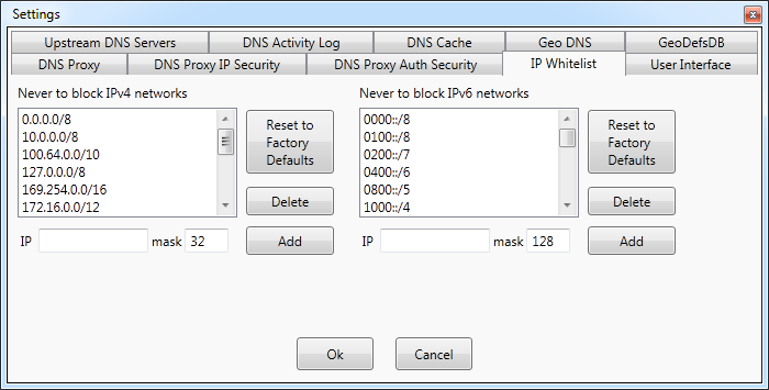 Settings for DNS blocking IP whitelist