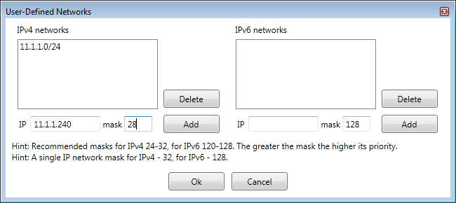 Geo Firewall dialog for editing of user-defined networks