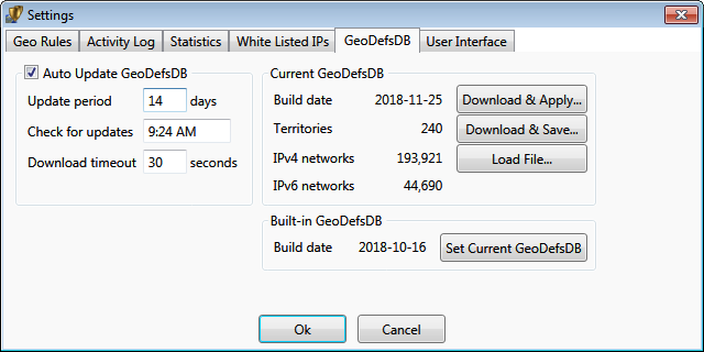 Geo Firewall settings for geographical definitions geo IP database