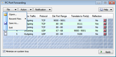 Port forwarding rules list with File menu.
