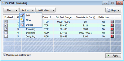 Port forwarding Actions menu.
