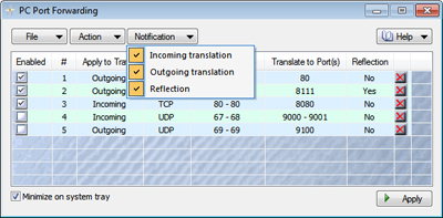 Port forwarding rules list with Notification menu.