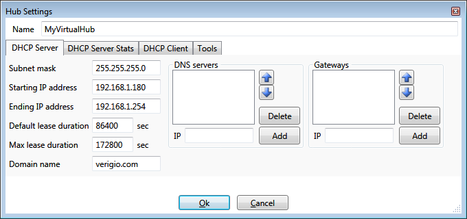 Virtual Network Hub - hub DHCP server settings