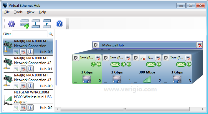 virtual network hub with assigned network adapters