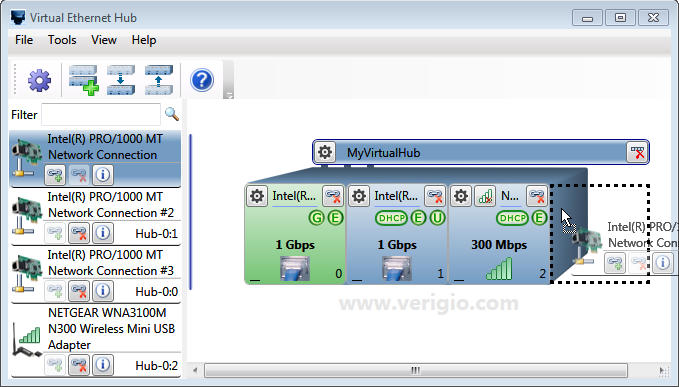 Virtual Network Hub with network adapters